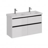 Тумба LEMARK COMBI 125 см под 2 раковины, подвесная/напольная,4 ящика, цвет планки: Чёрный, цвет корпуса, фасада: Белый глянец