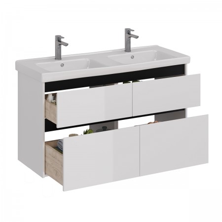 Тумба LEMARK COMBI 125 см под 2 раковины, подвесная/напольная,4 ящика, цвет планки: Чёрный, цвет корпуса, фасада: Белый глянец Тумба LEMARK COMBI 125 см под 2 раковины, подвесная/напольная,4 ящика, цвет планки: Чёрный, цвет корпуса, фасада: Белый глянец