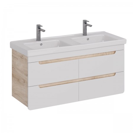 Тумба LEMARK OLIVIA 125 см под 2 раковины, подвесная,4 ящика, цвет корпуса: Дуб кантри, цвет фасада: Белый глянец Тумба LEMARK OLIVIA 125 см под 2 раковины, подвесная,4 ящика, цвет корпуса: Дуб кантри, цвет фасада: Белый глянец