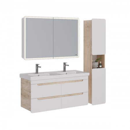 Тумба LEMARK OLIVIA 125 см под 2 раковины, подвесная,4 ящика, цвет корпуса: Дуб кантри, цвет фасада: Белый глянец Тумба LEMARK OLIVIA 125 см под 2 раковины, подвесная,4 ящика, цвет корпуса: Дуб кантри, цвет фасада: Белый глянец