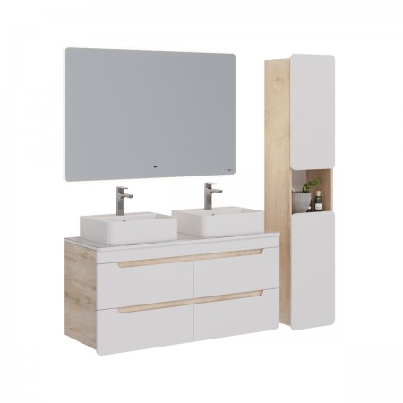 Тумба LEMARK OLIVIA 125 см под 2 раковины, подвесная,4 ящика, цвет корпуса: Дуб кантри, цвет фасада: Белый глянец Тумба LEMARK OLIVIA 125 см под 2 раковины, подвесная,4 ящика, цвет корпуса: Дуб кантри, цвет фасада: Белый глянец